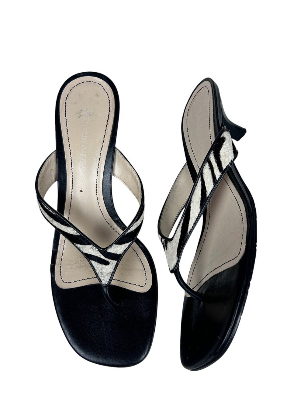 Y2K Etienne Ainger Boxcar Pony Hair Zebra Print Kitten Heel Thong Sandal 7.5